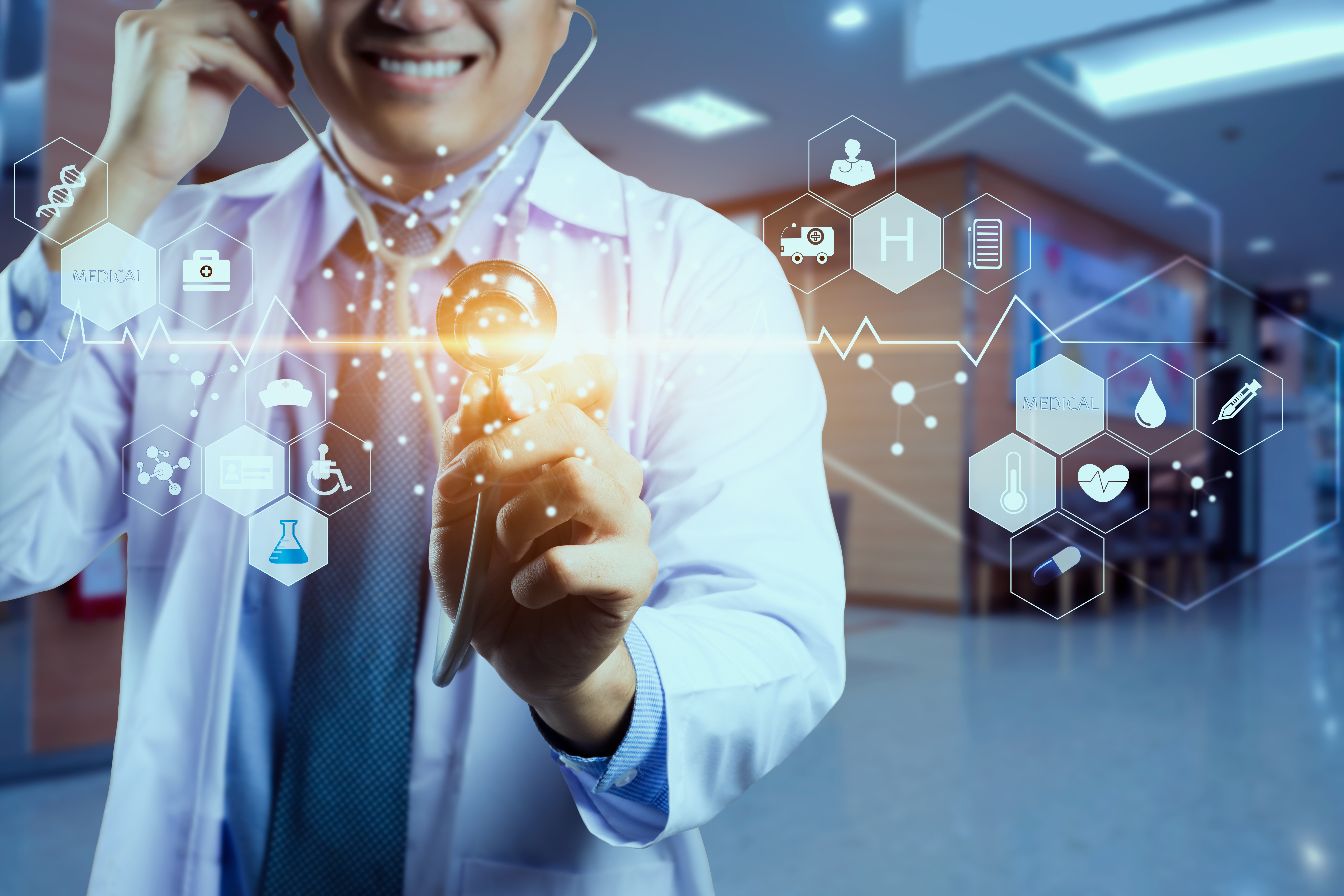 Orig Medicine Doctor and Stethoscope in Hand Touching Icon Medical Network Connection with Modern Virtual Screen Interface